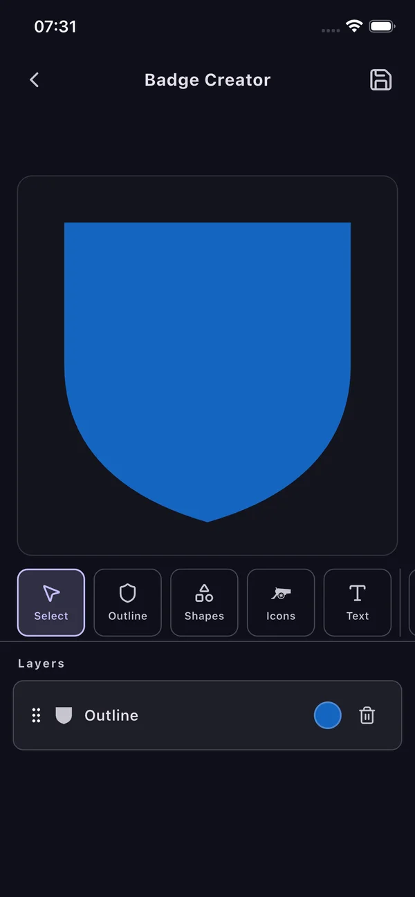 Badge Creator designing a club crest with outline, shapes, icons and text layers