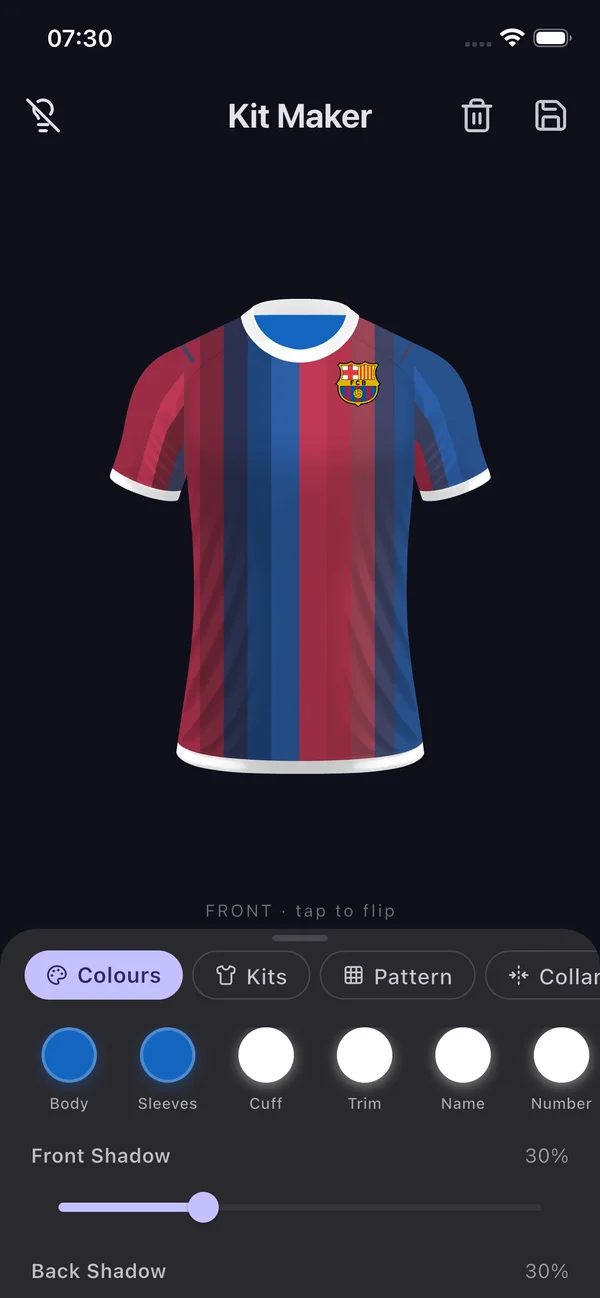 Football kit designer app showing a Barcelona home jersey with club badge