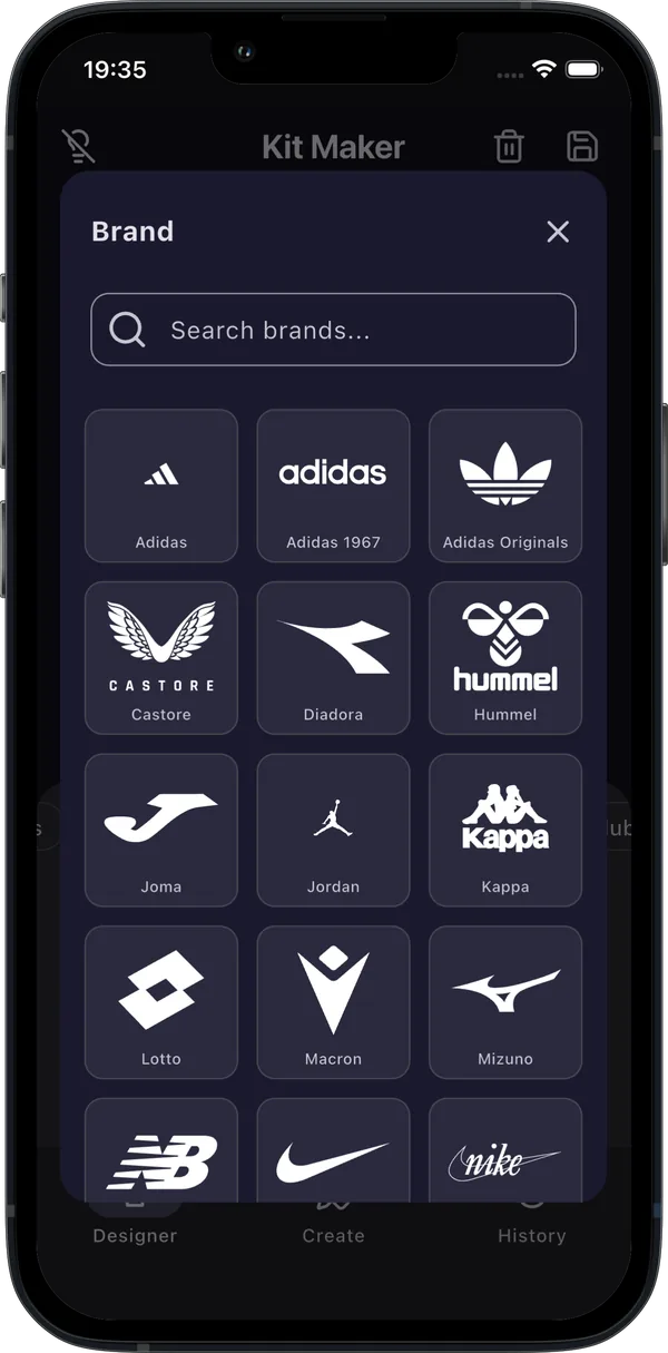 Brand picker with Adidas, Nike, Kappa, Hummel, Joma and more sportswear logos