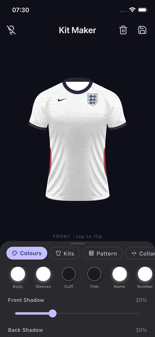 England national team kit with Three Lions badge in the jersey designer