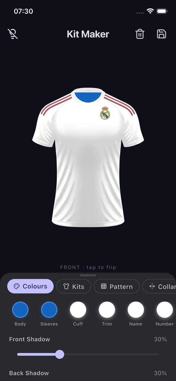 Real Madrid home jersey with crest and shoulder stripes in the kit maker