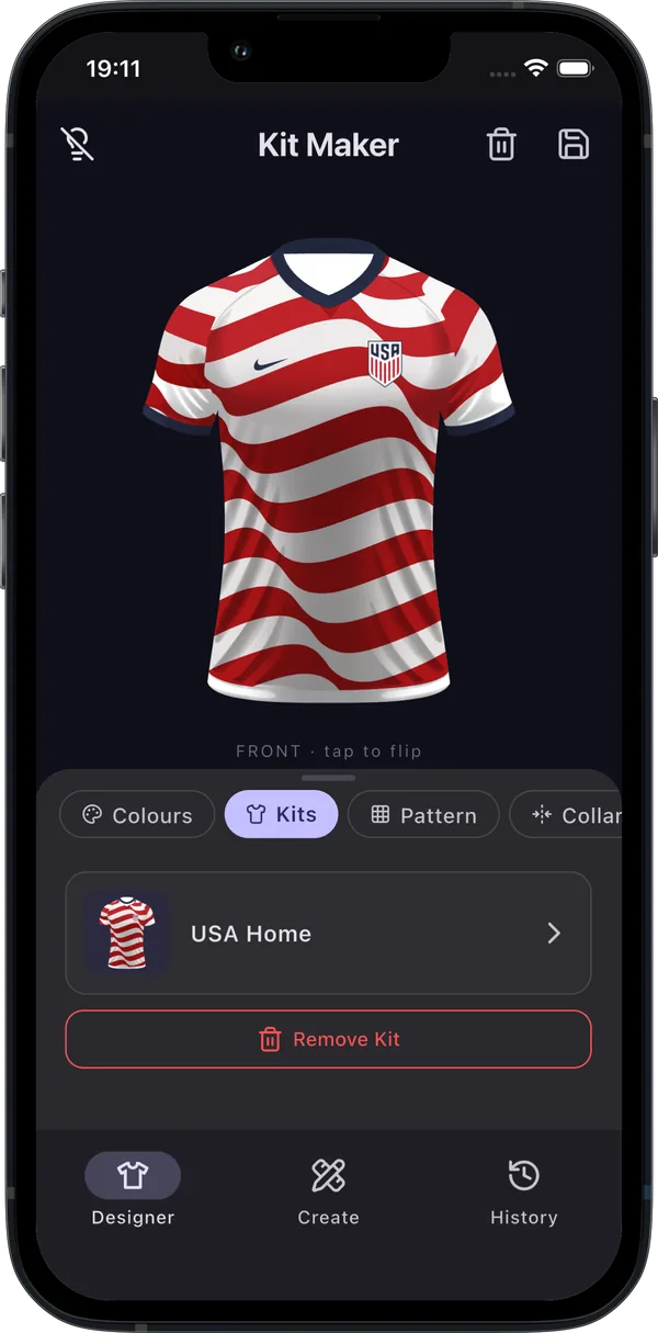 USA national team jersey with red and white wave stripes in the kit designer